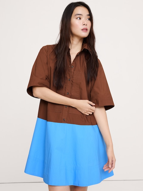 Cotton Poplin Trapeze Mini Shirt Dress