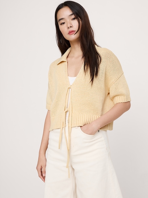 Cotton Tie-Front Polo Cardigan