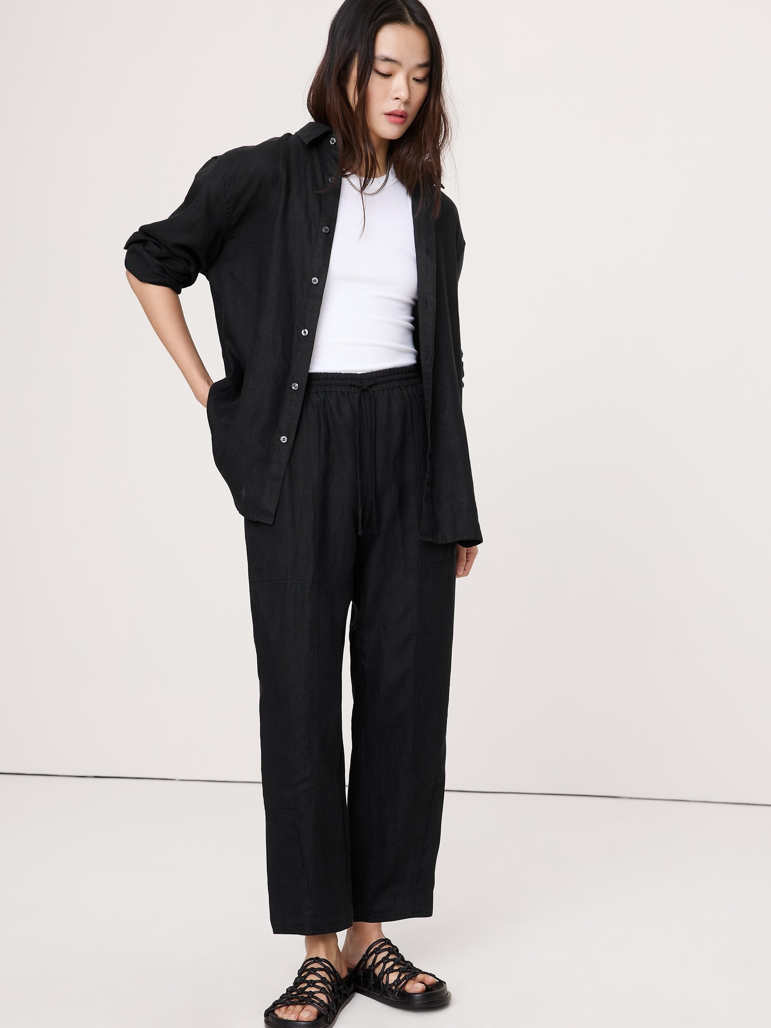 Женские брюки Banana Republic Barrel-Leg Linen Pull-On Pant, цвет: Чёрный
