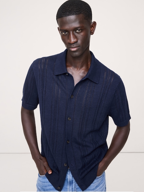 Linen-Cotton Textured Polo Cardigan