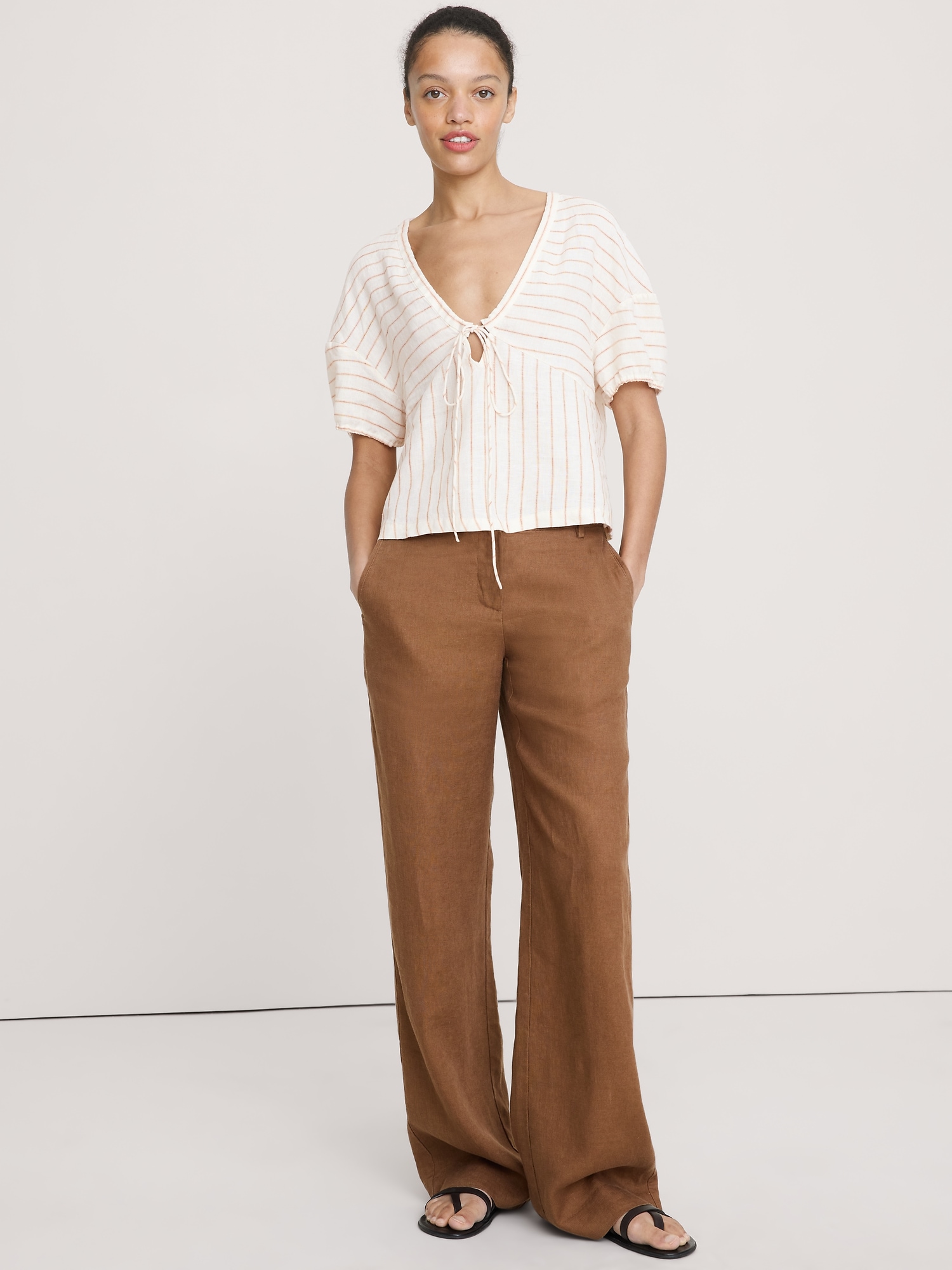 Linen Tie-Front V-Neck Top