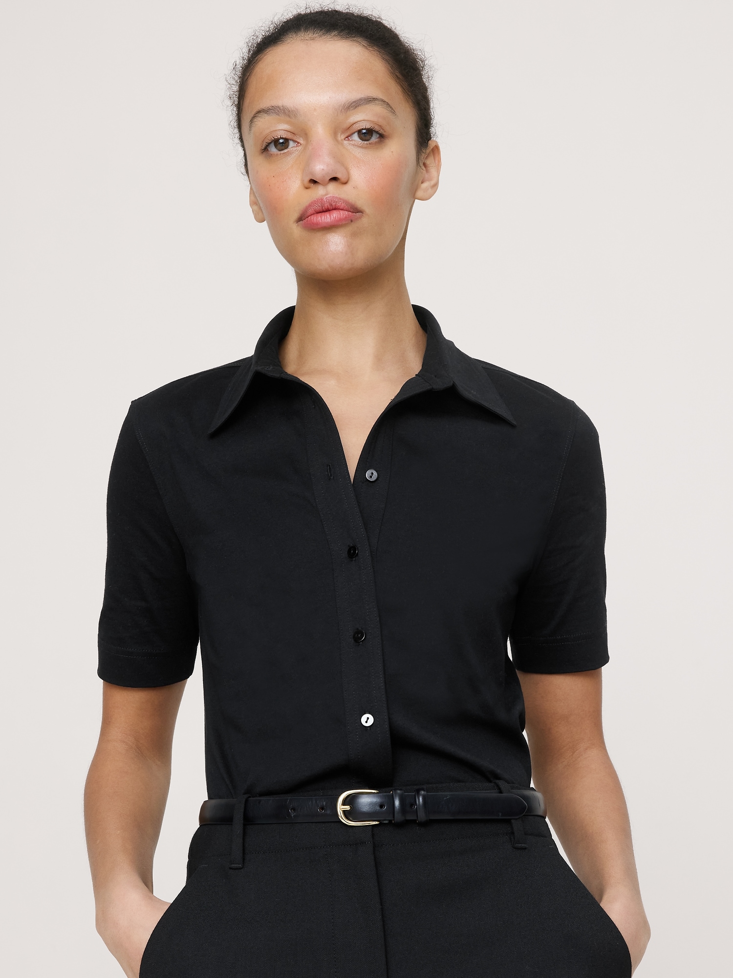 Image number 3 showing, Silky Cotton Short-Sleeve Button-Down Top