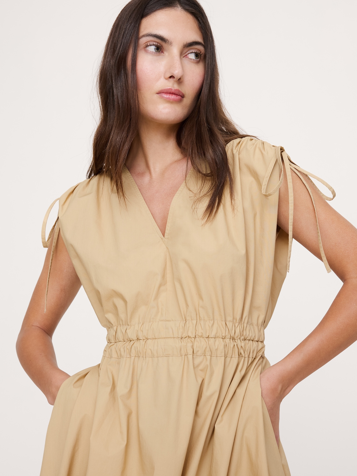 Image number 6 showing, Poplin Ruched-Shoulder Maxi Dress