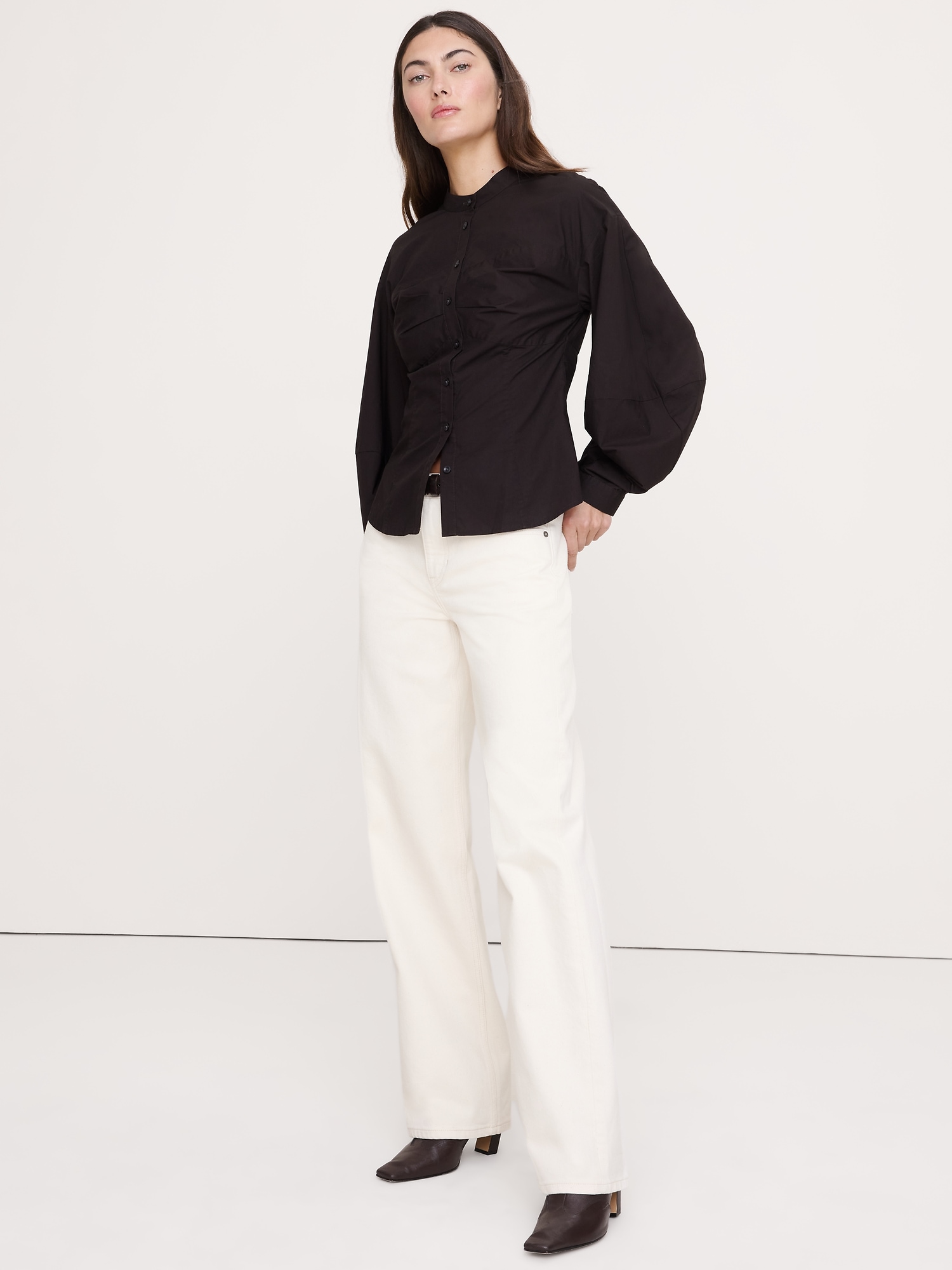 Cotton Poplin Balloon-Sleeve Shirt