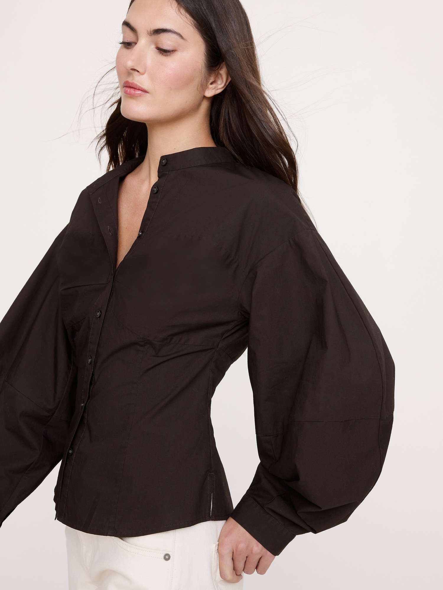 Женская рубашка Banana Republic Cotton Poplin Balloon-Sleeve, цвет: Коричневый — фото 3