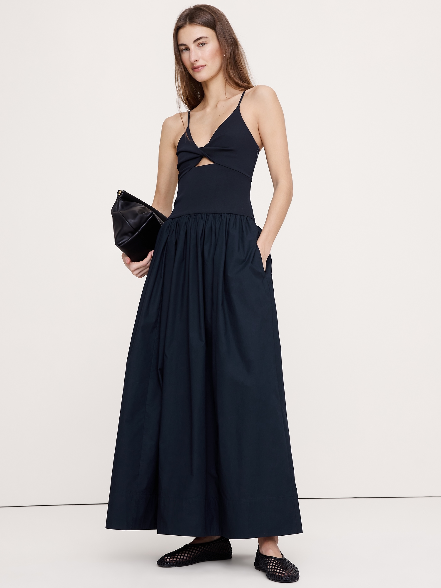Jersey & Poplin Twist-Front Maxi Dress