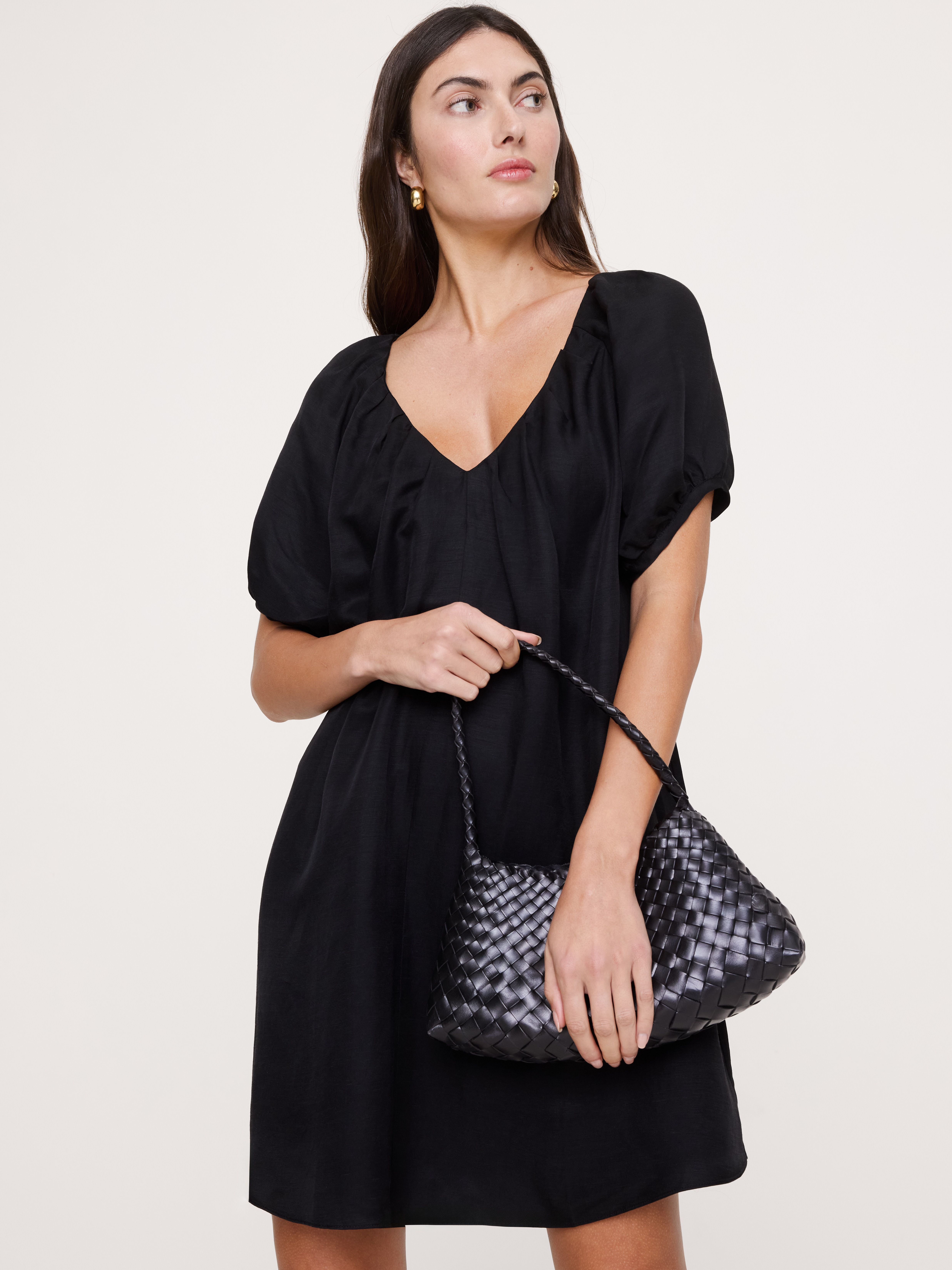 Oversized Viscose-Linen Puff-Sleeve Mini Dress