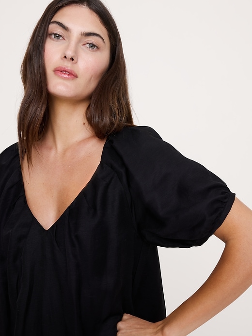 Banana Republic Women's Viscose-Linen Puff-Sleeve Mini Dress Blue Geo Size L