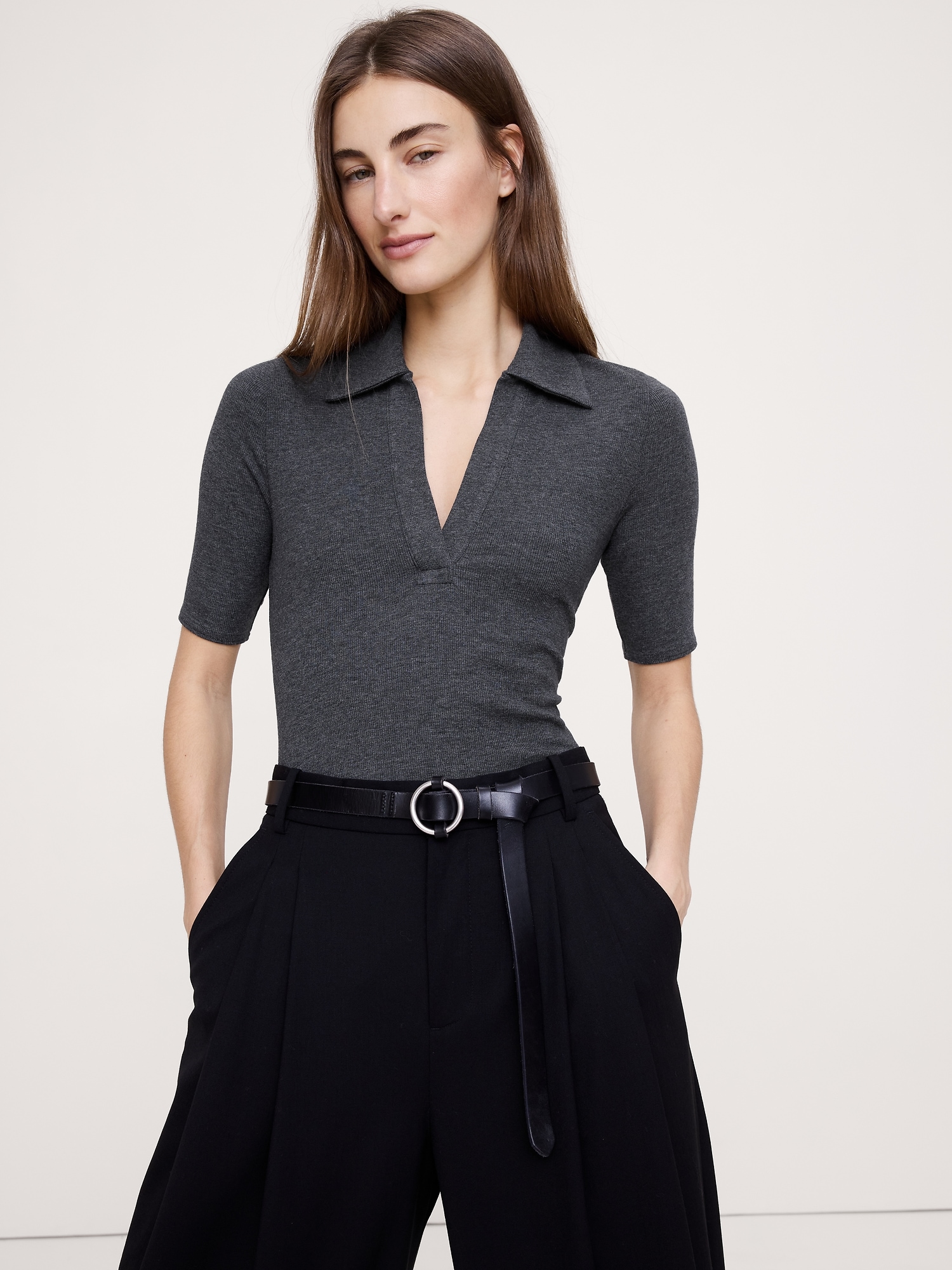 Ribbed Elbow-Sleeve Polo