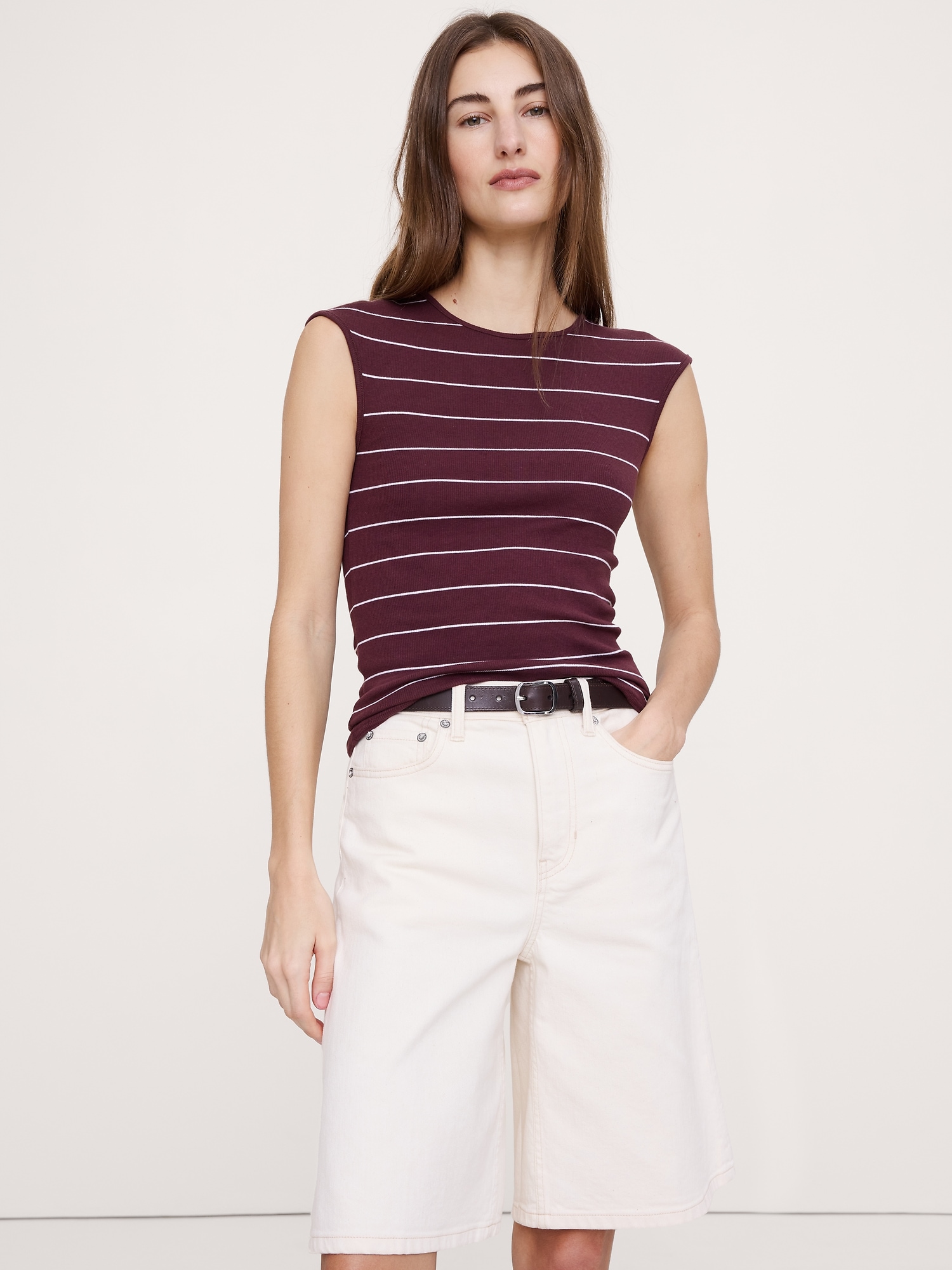 Ribbed Cap-Sleeve T-Shirt