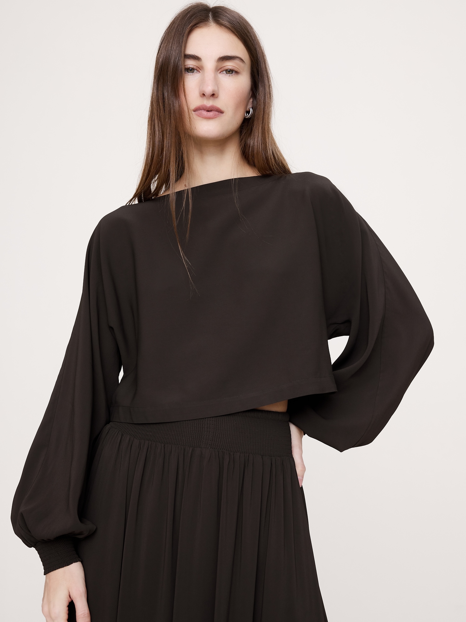 Smocked Georgette Boatneck Top