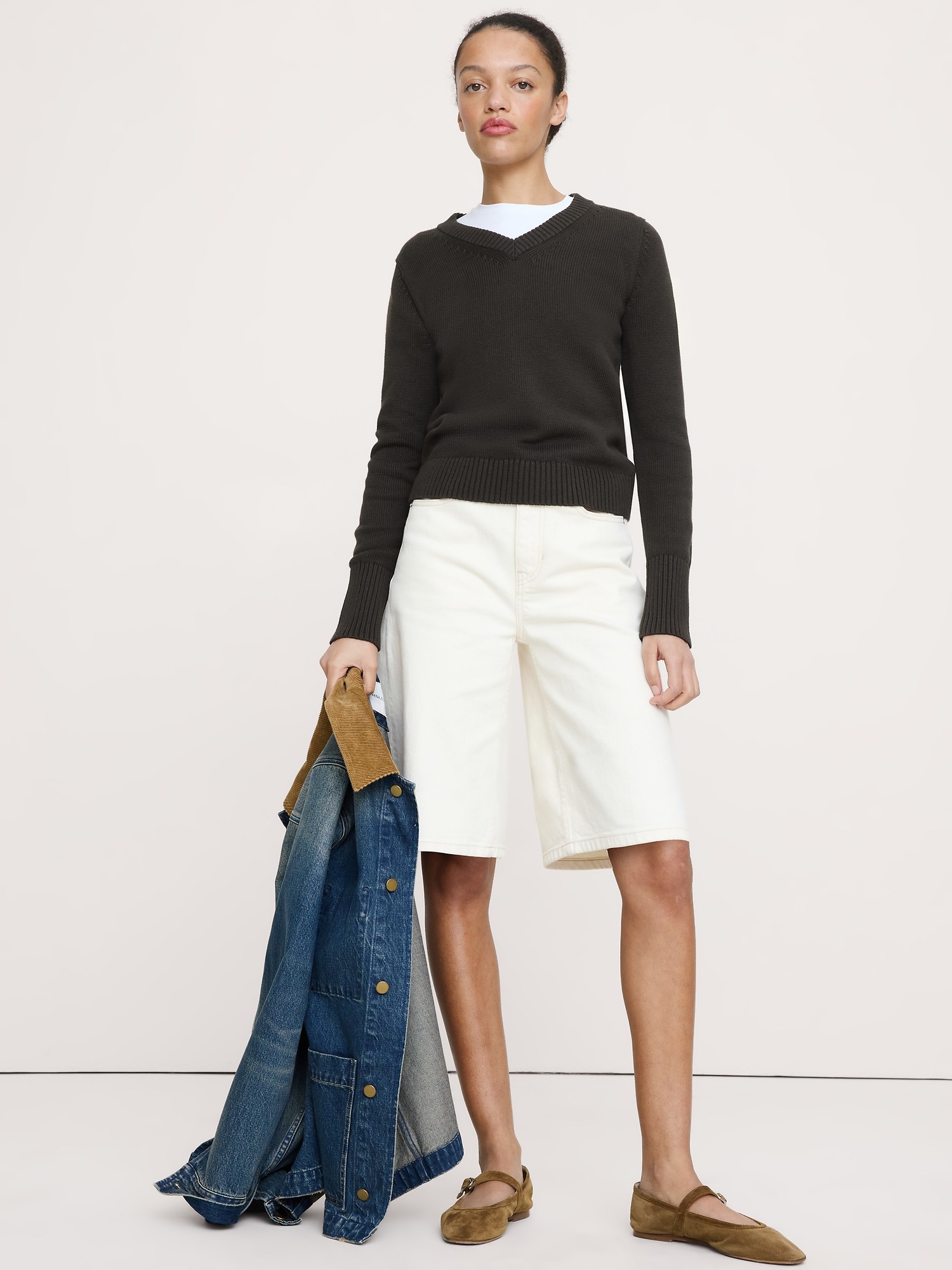 Женский свитер Banana Republic Larkspur Cotton-Silk V-Neck, цвет: Brownstone — фото 3