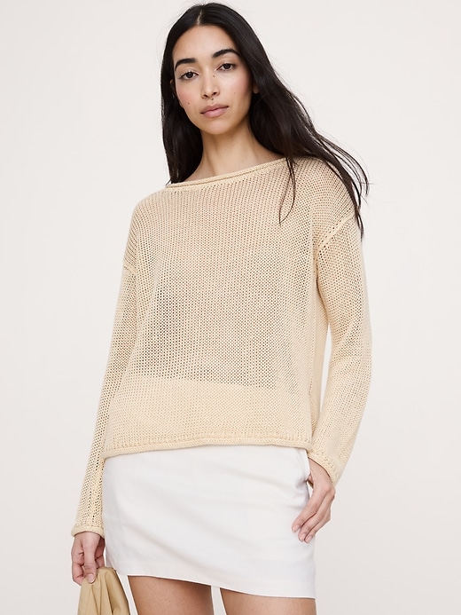 ニット/セーター L'Appartement  Linen Boat neck Knit Vanilla Boatneck Open Crochet Knit Sweater | Lime Lush Boutique
