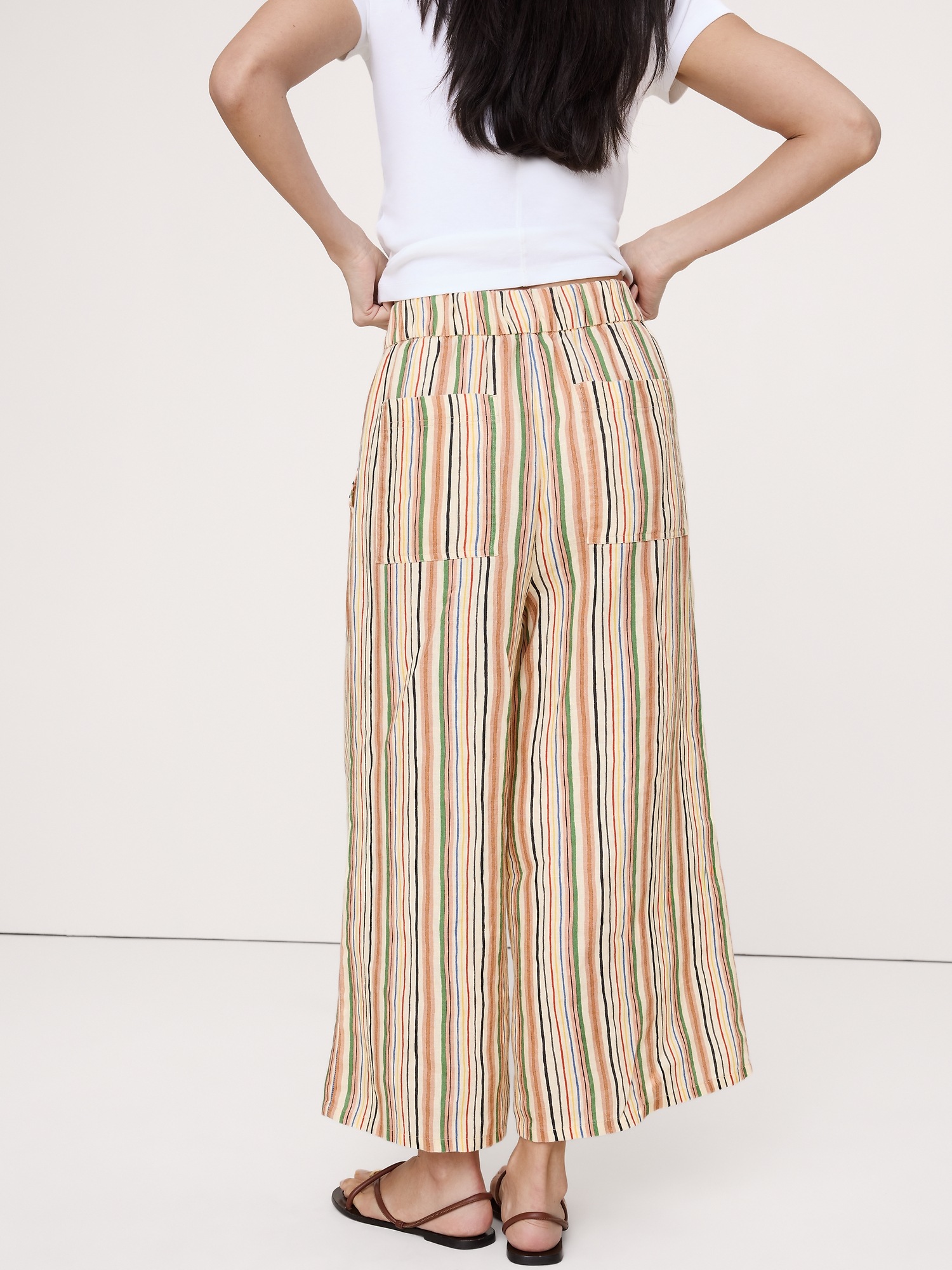 Женские брюки Banana Republic The Pull-On Wide-Leg Ankle Pant in Linen, цвет: Кремовый разноцветный полосатый — фото 2
