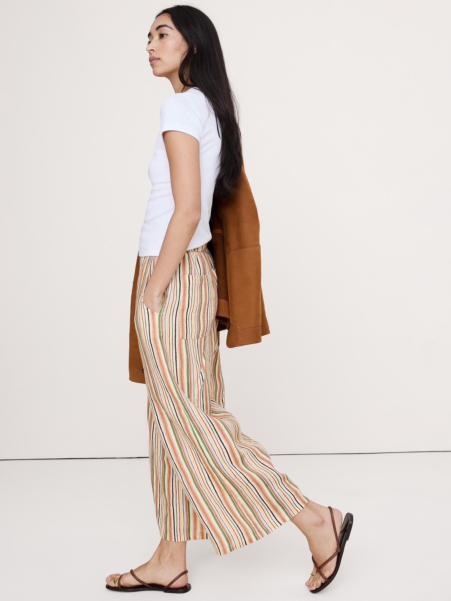 Женские брюки Banana Republic The Pull-On Wide-Leg Ankle Pant in Linen, цвет: Кремовый разноцветный полосатый — фото 3