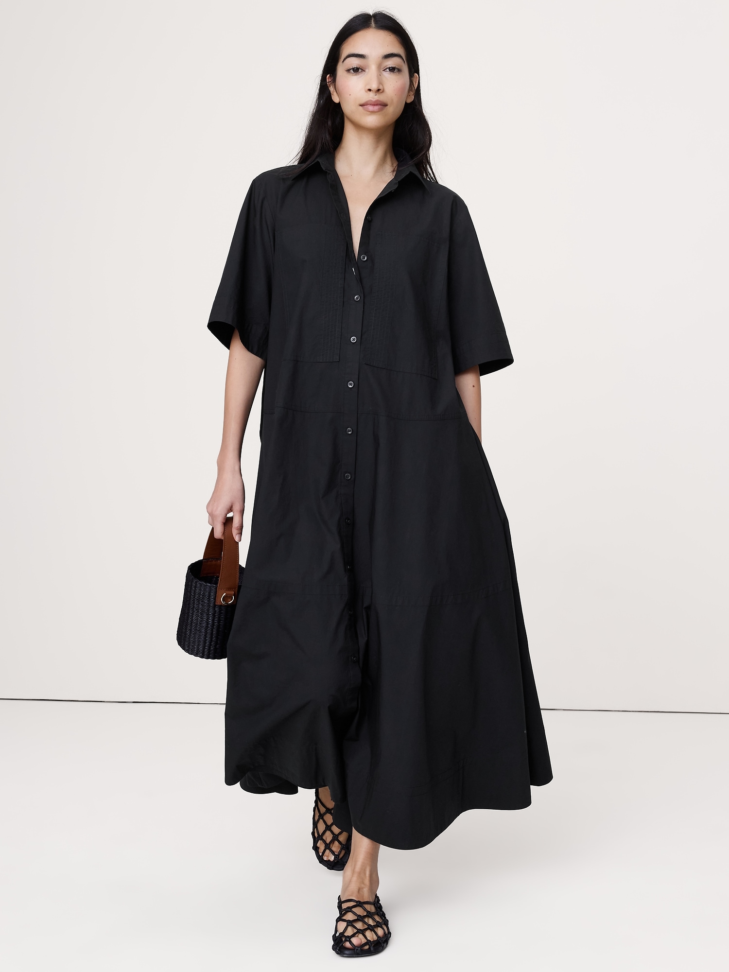 Cotton Poplin Trapeze Maxi Shirt Dress