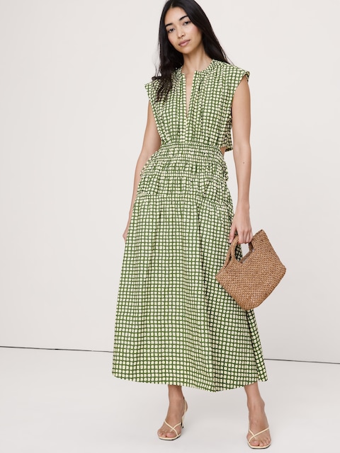 Smocked Cotton Poplin Maxi Dress with Open Back