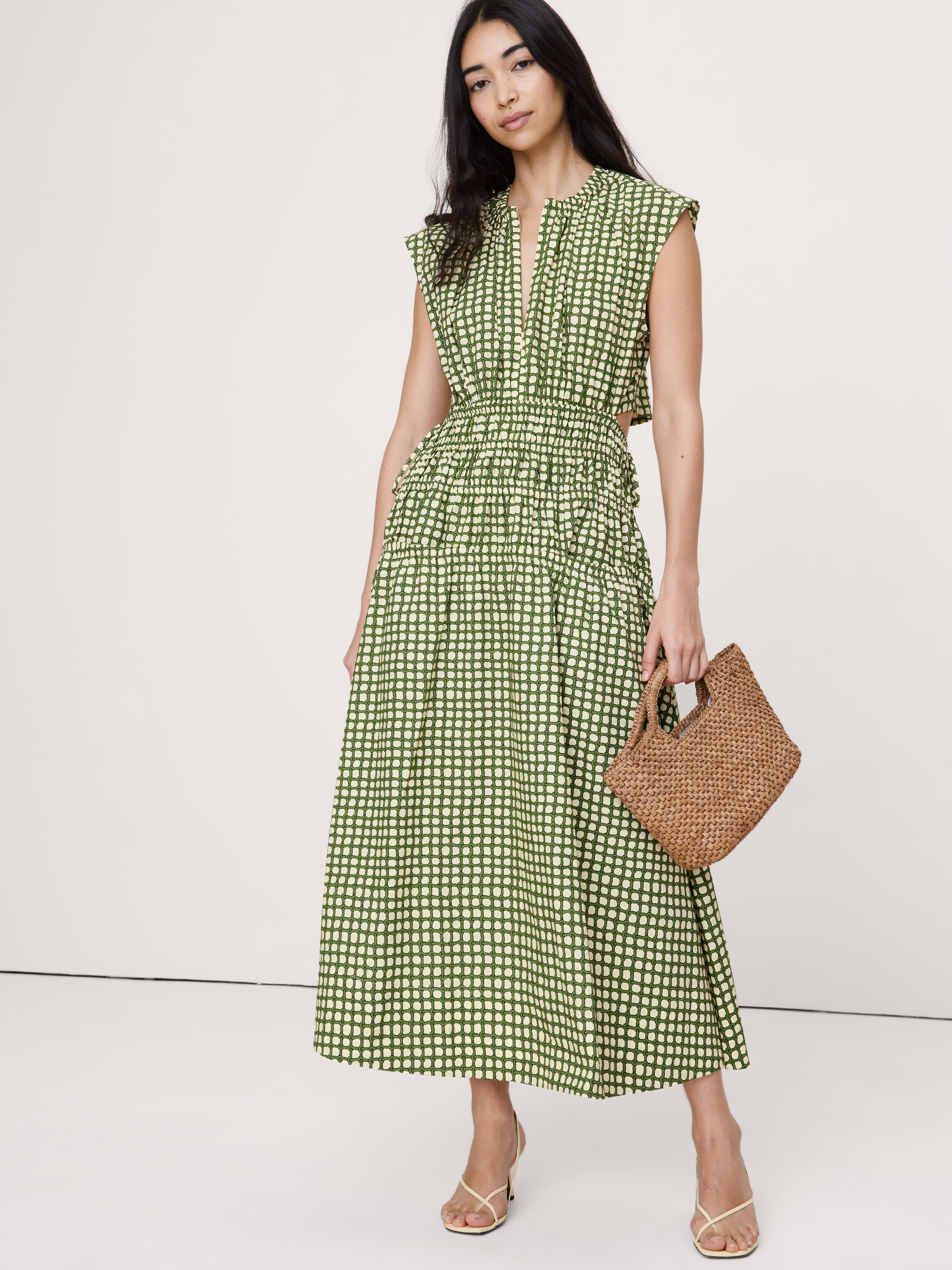 Smocked Cotton Poplin Maxi Dress with Open Back