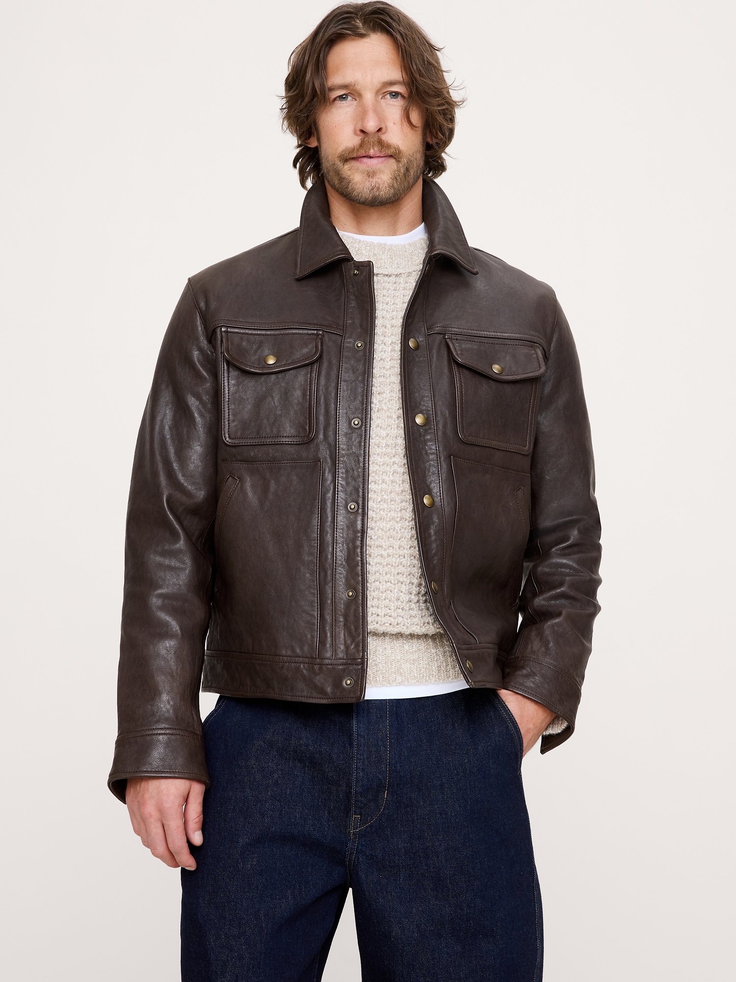 Мужская куртка Banana Republic Leather Trucker, цвет: Шоколадный коричневый