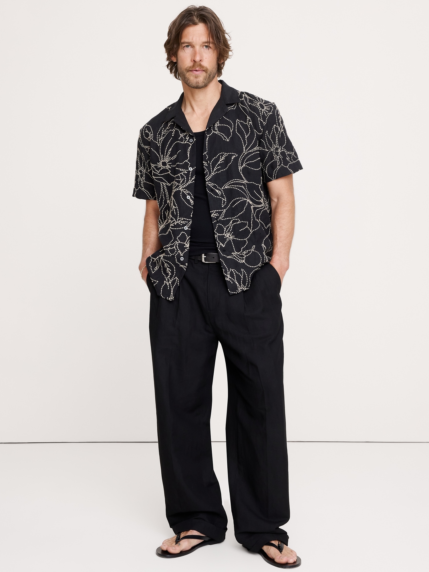 Standard-Fit Embroidered Linen Resort Shirt
