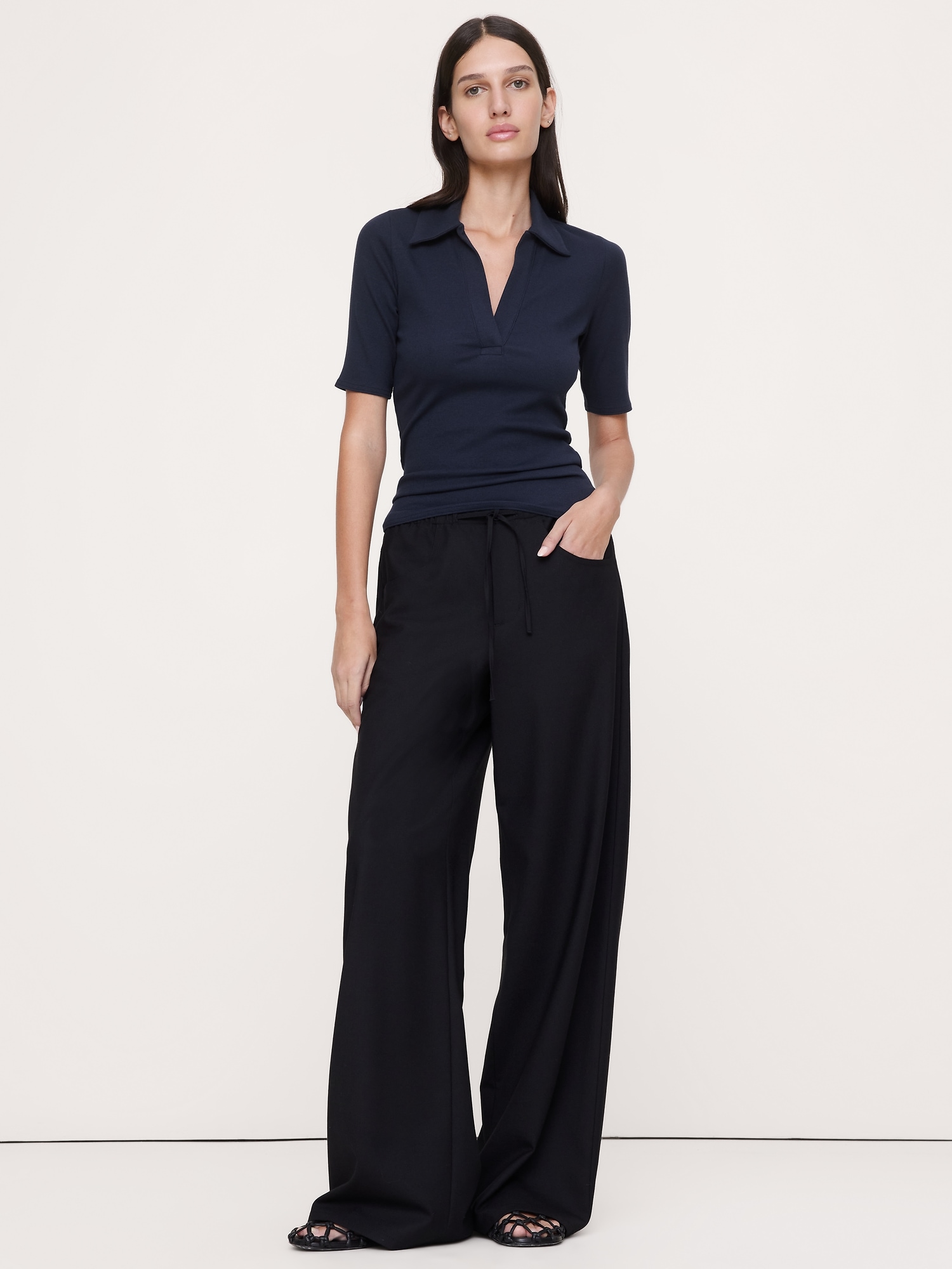 Ribbed Elbow-Sleeve Polo