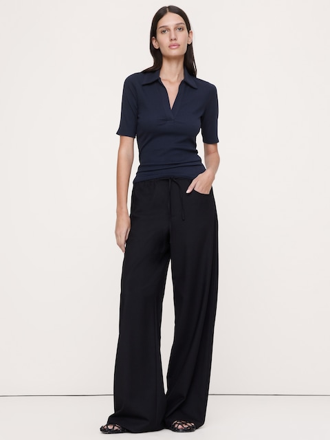 Ribbed Elbow-Sleeve Polo