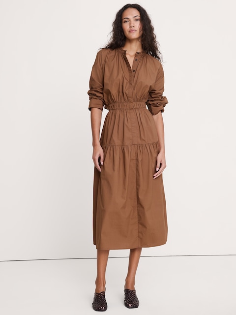 Cotton Poplin Midi Shirt Dress with Open Back