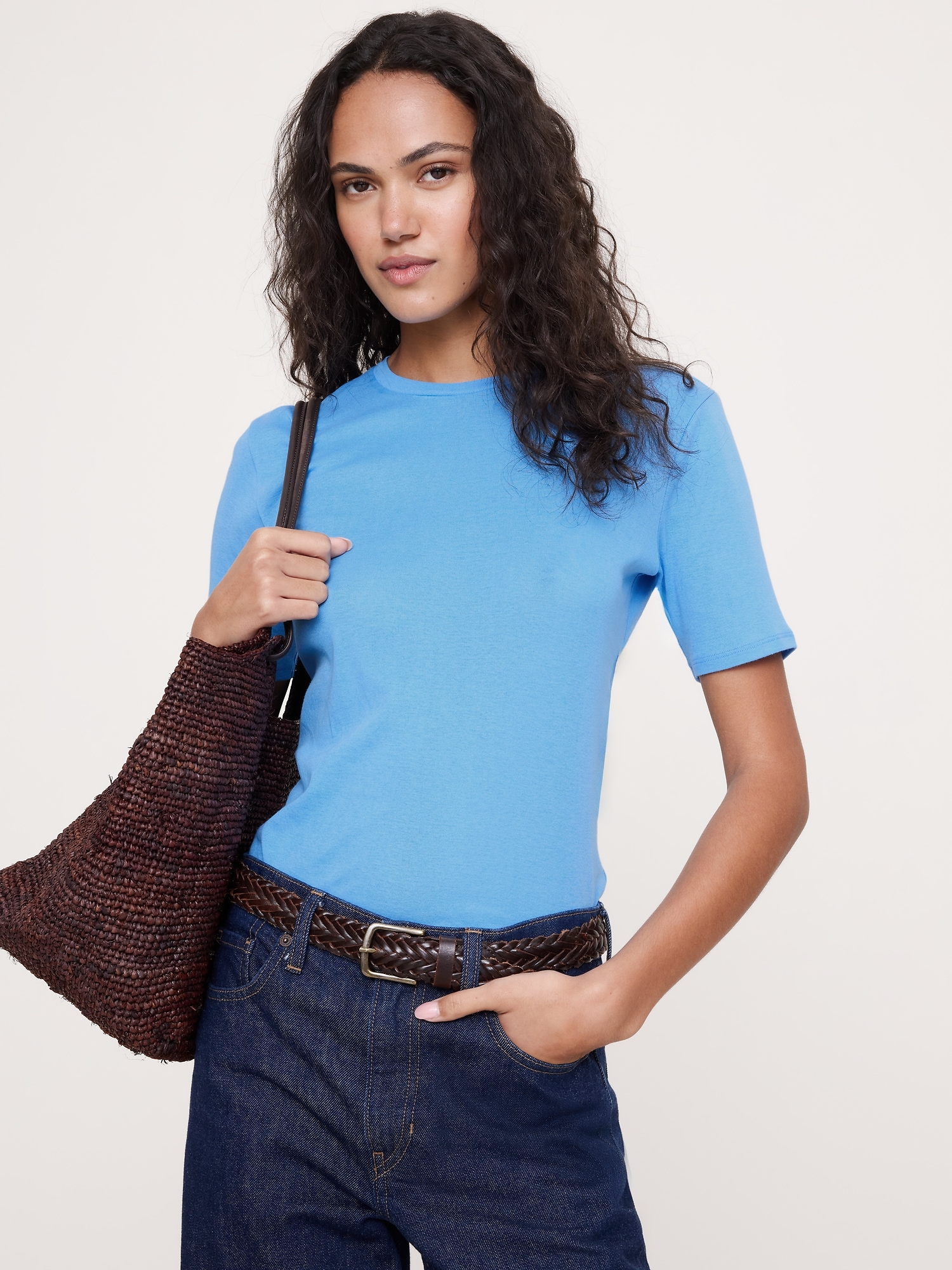 Baby Rib Cotton Elbow-Sleeve T-Shirt