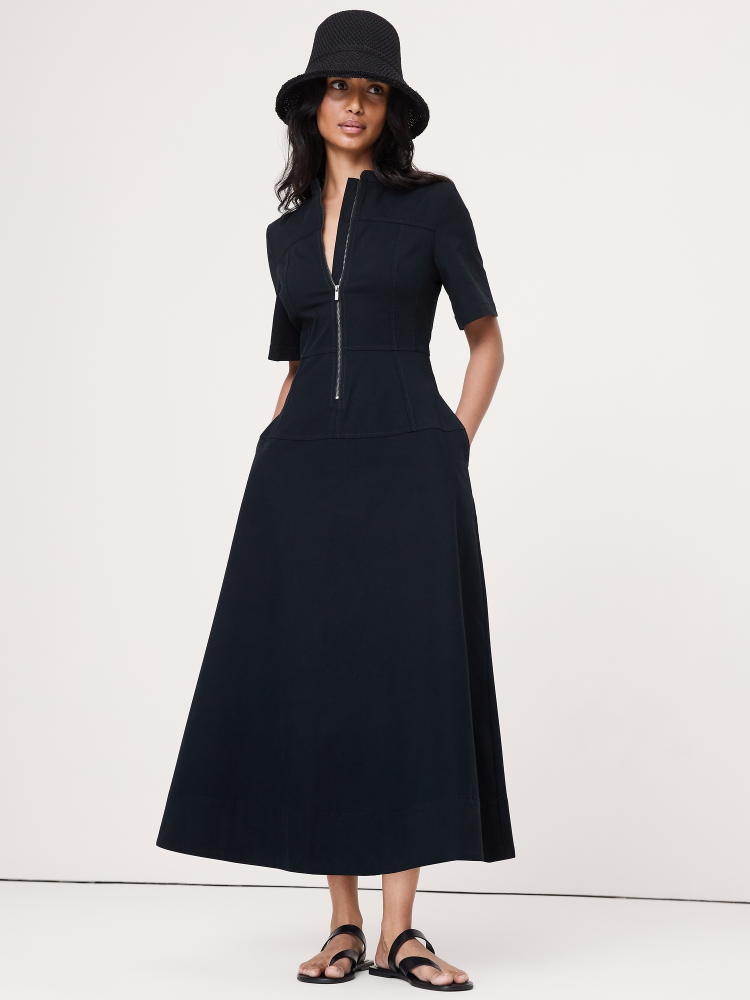 Cotton Canvas Zip-Front Maxi Dress