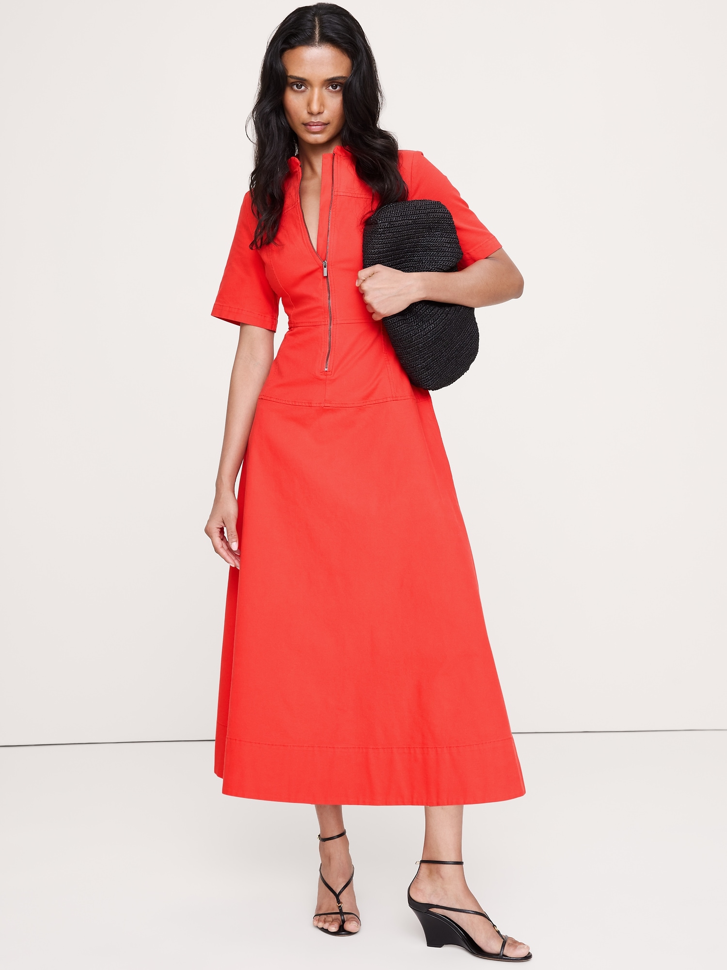 Cotton Canvas Zip-Front Maxi Dress