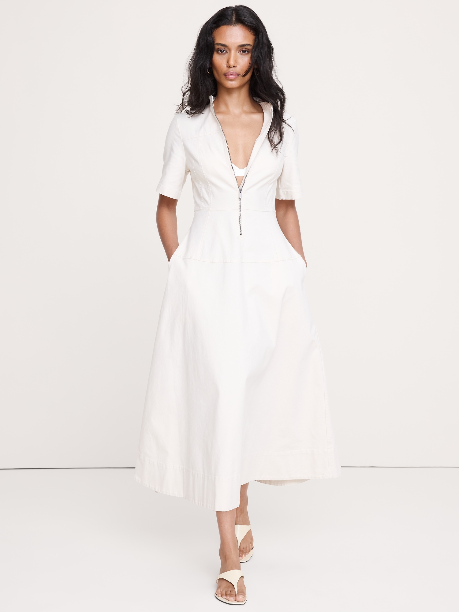 Cotton Canvas Zip-Front Maxi Dress