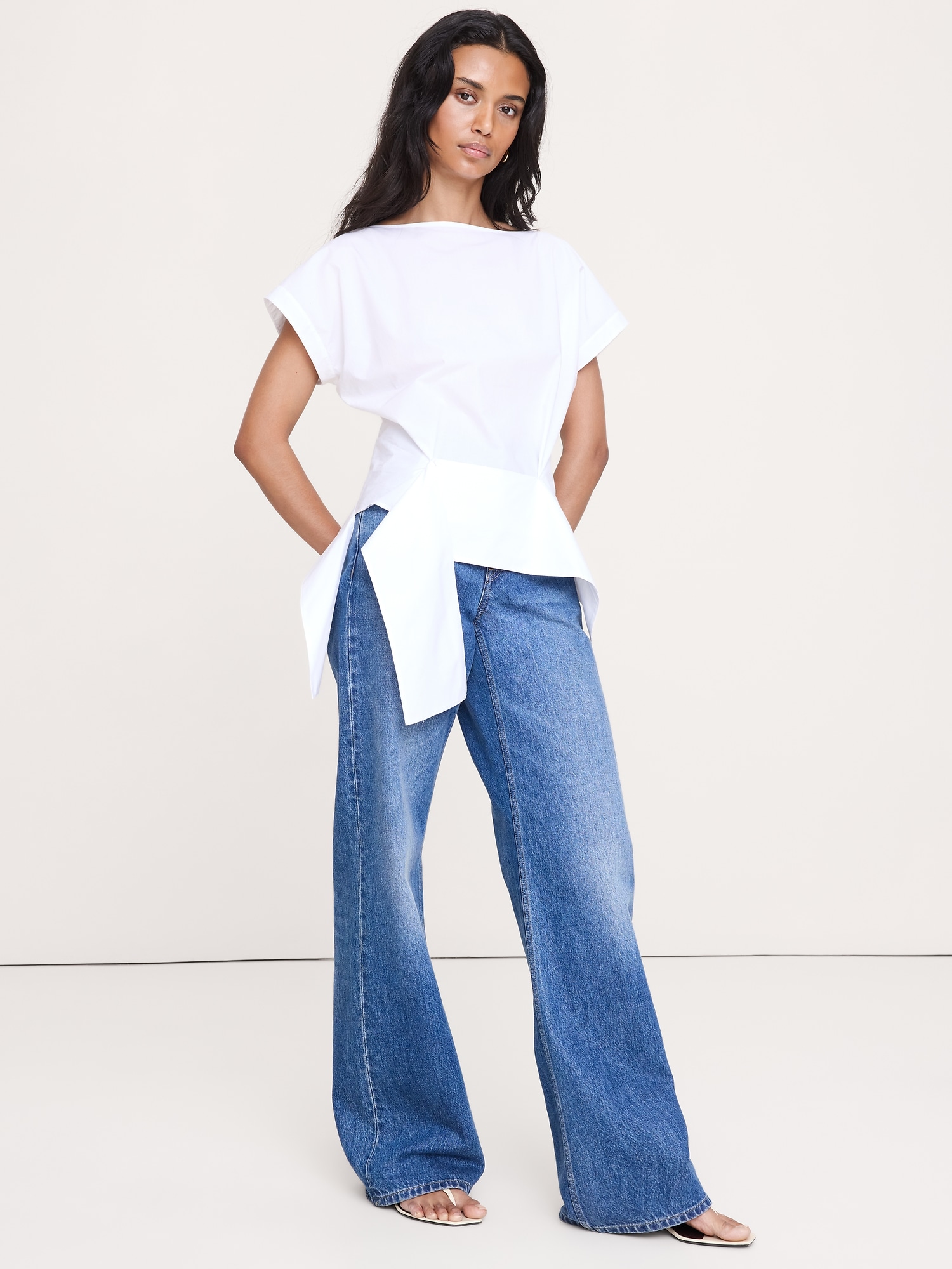 Image number 1 showing, Cotton Poplin Boatneck Asymmetrical Top