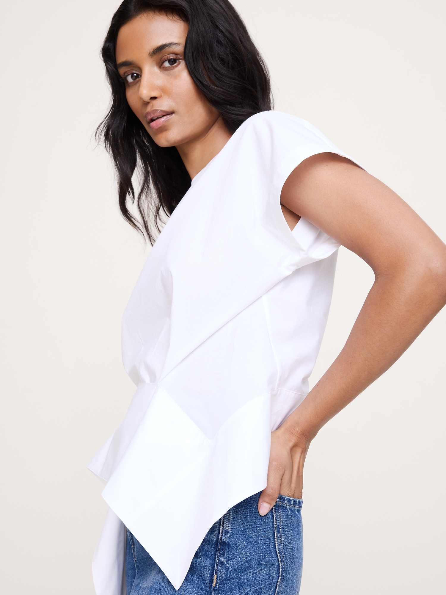 Image number 6 showing, Cotton Poplin Boatneck Asymmetrical Top