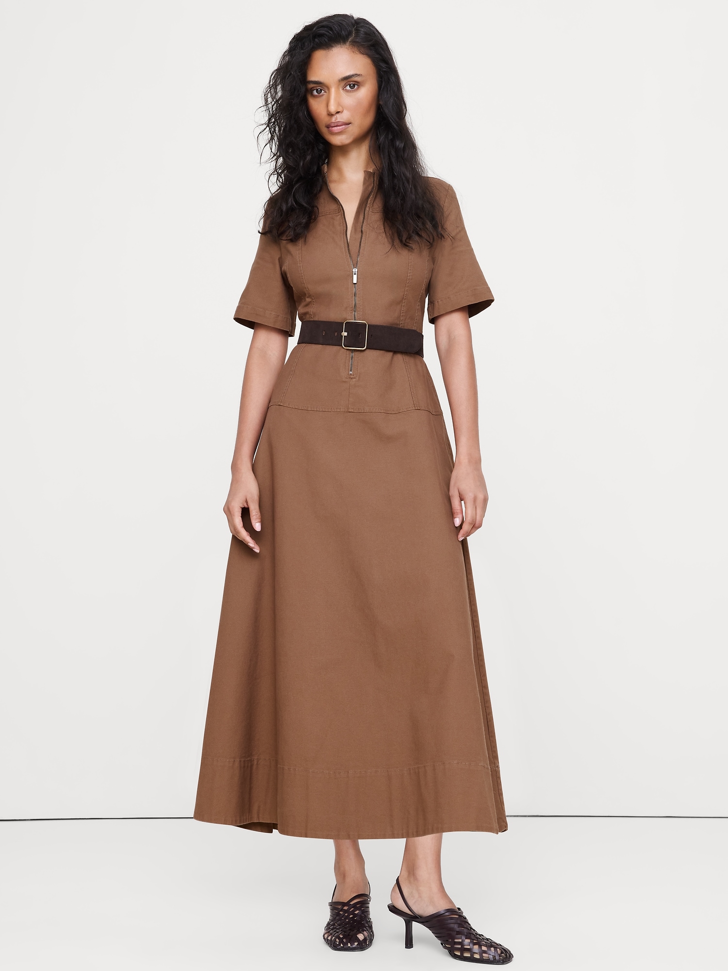Cotton Canvas Zip-Front Maxi Dress