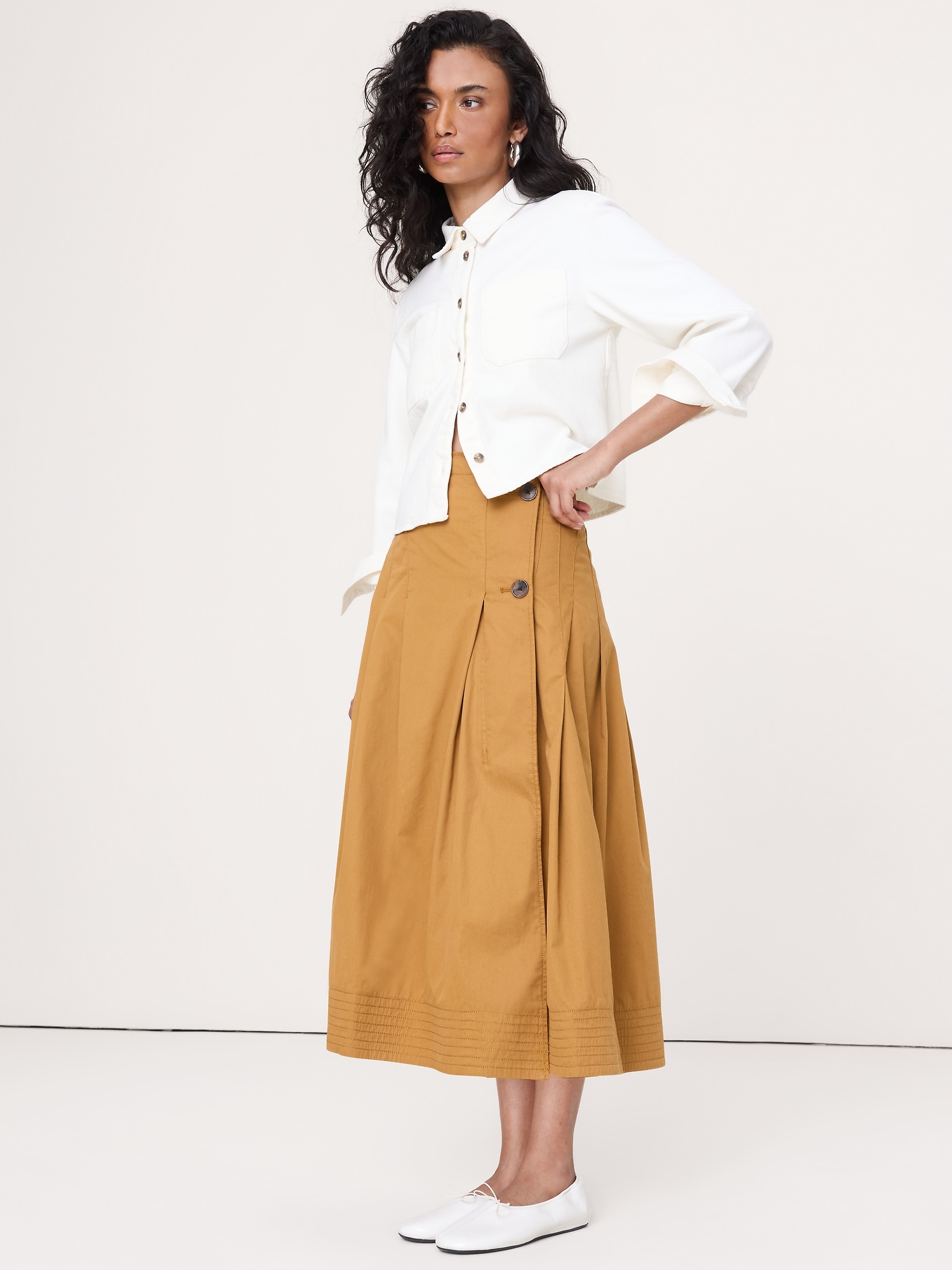 Cotton Twill Asymmetrical Pleated Skirt