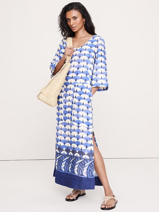 Banana Republic Women's Linen Scoop-Neck Maxi Dress Blue Geo Size XS