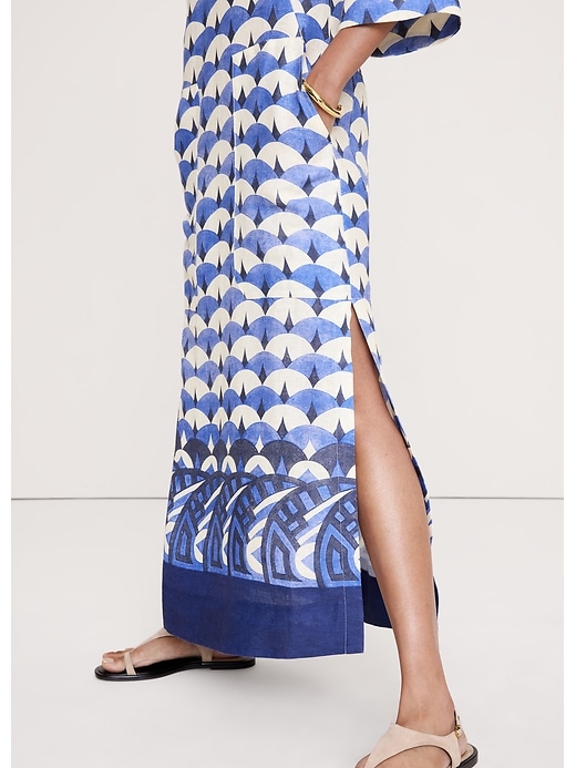 Banana Republic Women's Linen Scoop-Neck Maxi Dress Blue Geo Size S