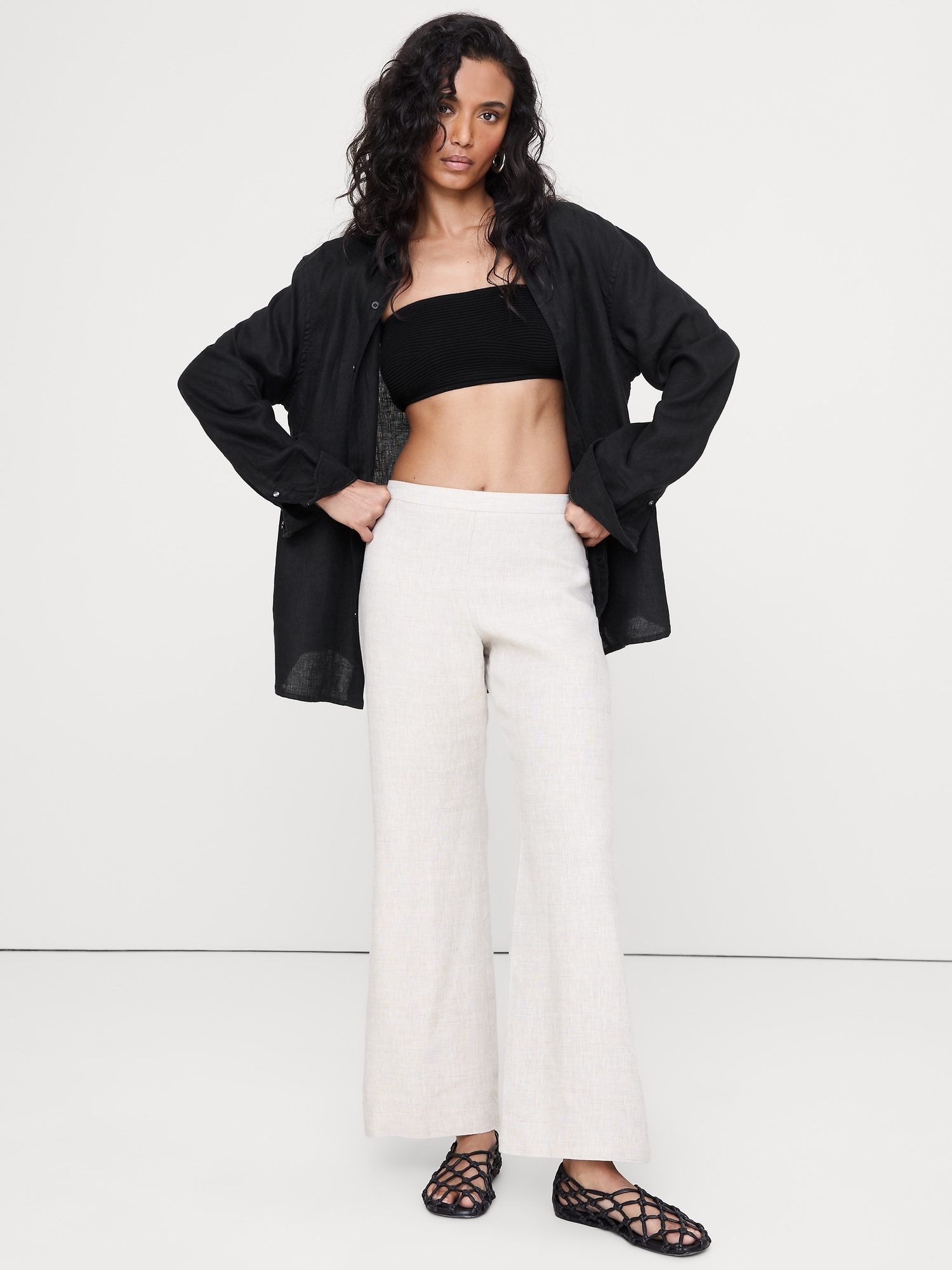 Image number 1 showing, Mid-Rise Kick-Flare Linen Ankle Pant