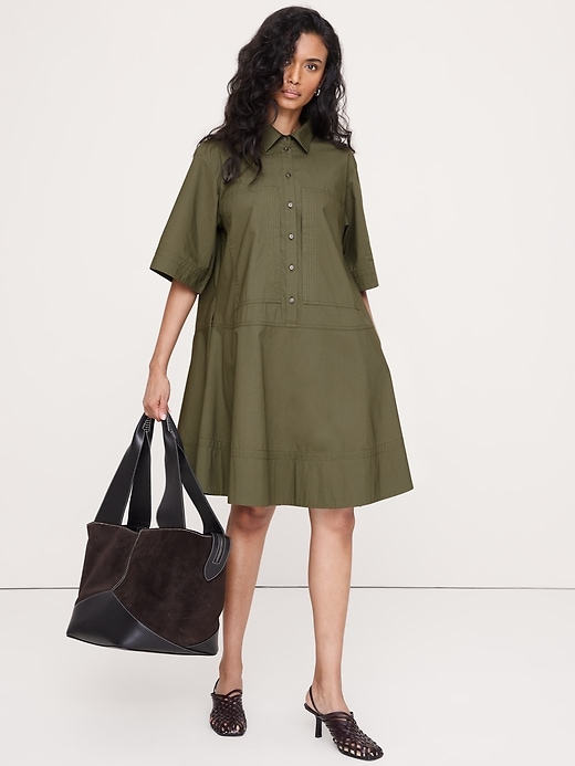 Cotton Poplin Trapeze Mini Shirt Dress
