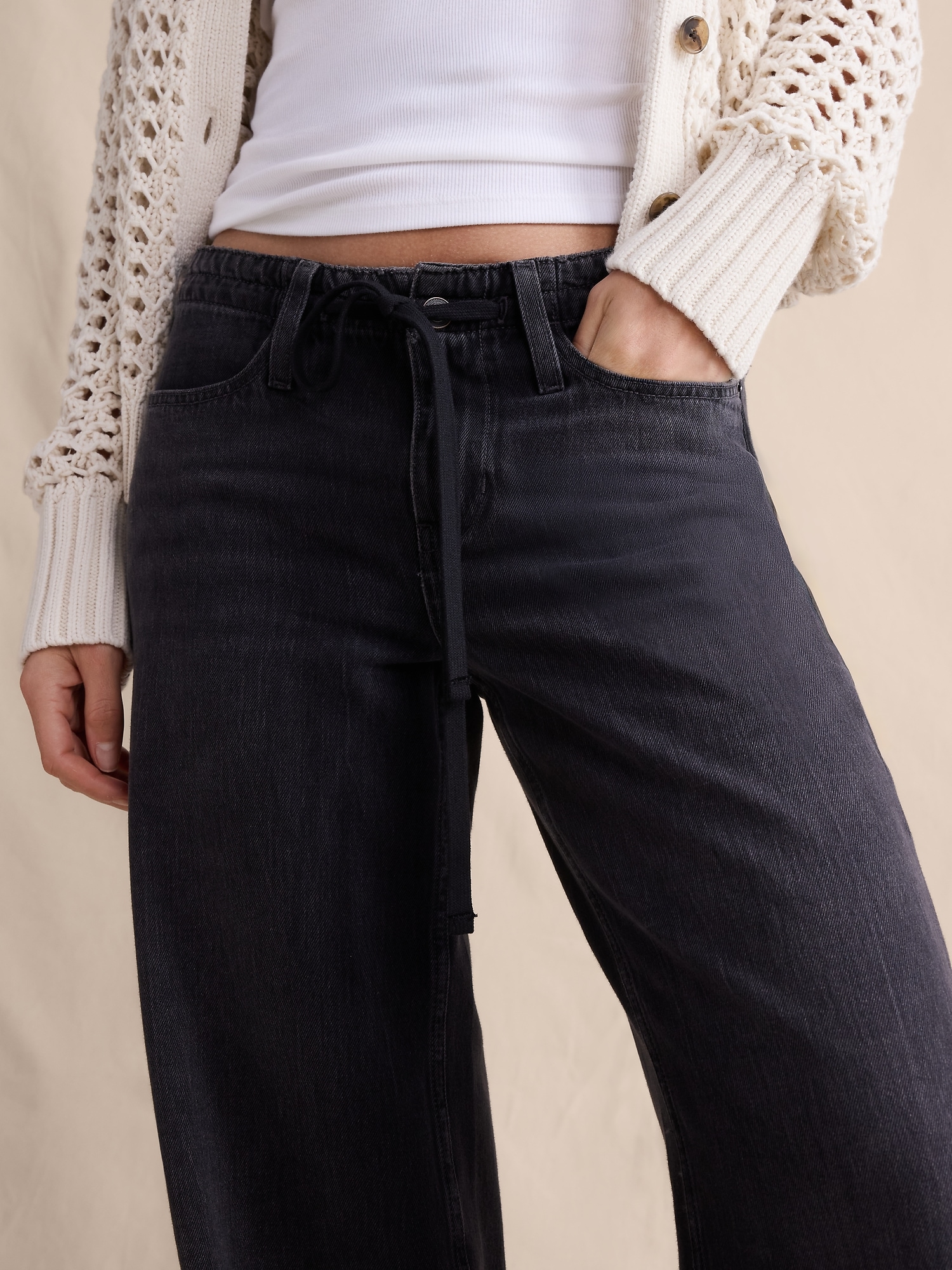 Image number 8 showing, Mid-Rise Wide-Leg Drawstring Jean
