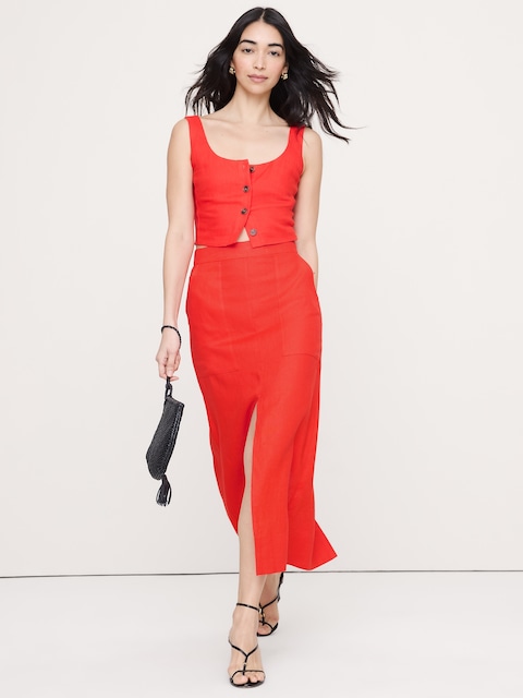 Linen Front-Slit Midi Skirt