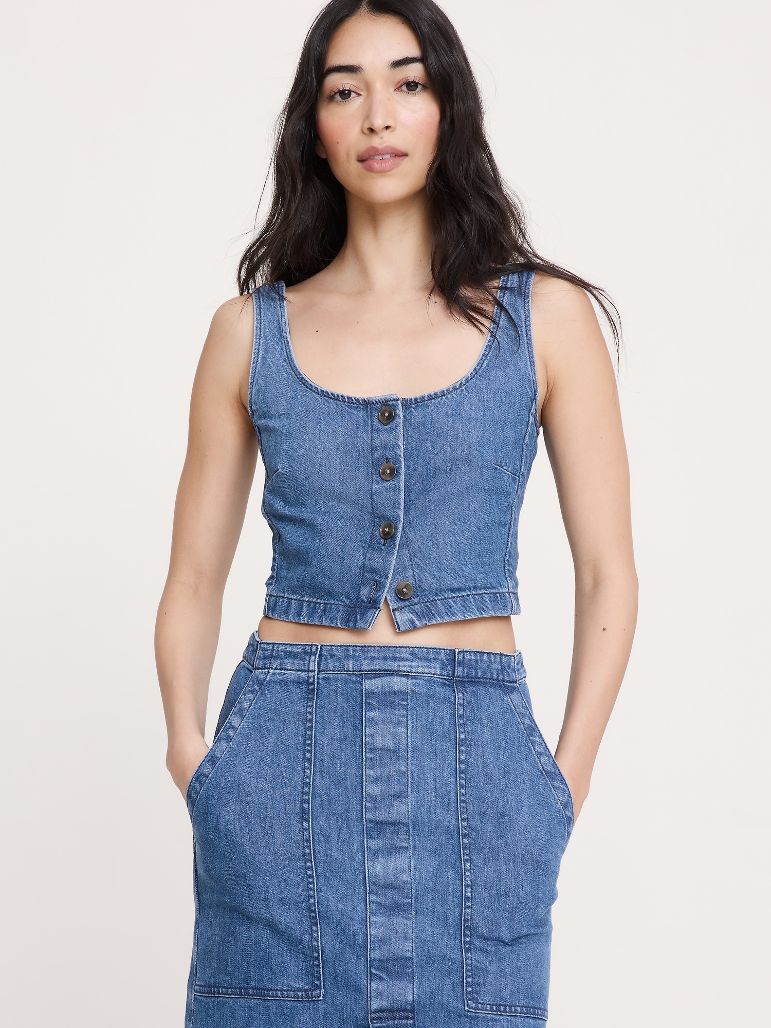 Image number 1 showing, Denim Square-Neck Cropped Tank