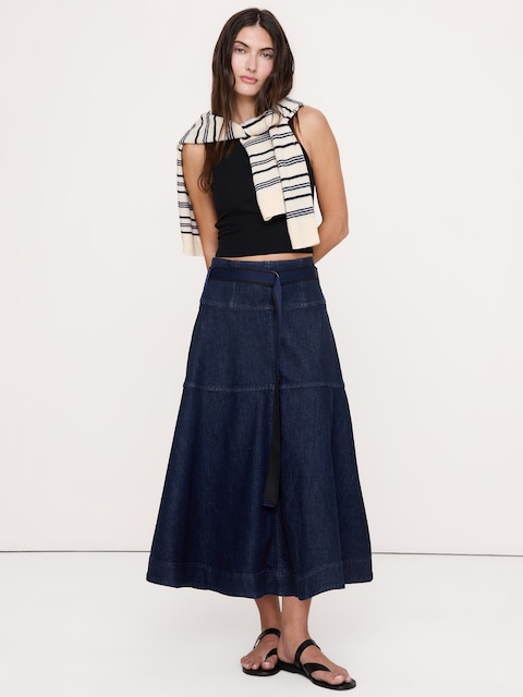 Denim Belted Midi Skirt