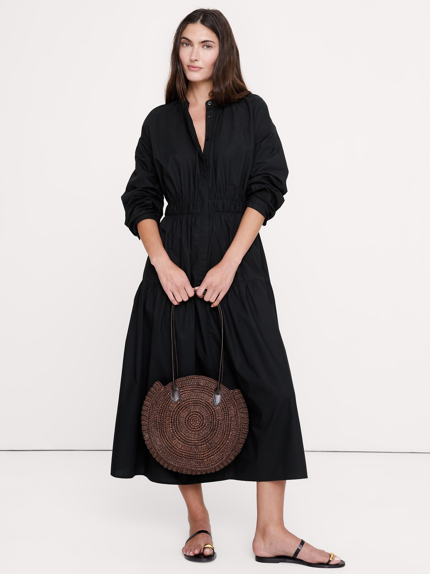 Cotton Poplin Midi Shirt Dress with Open Back
