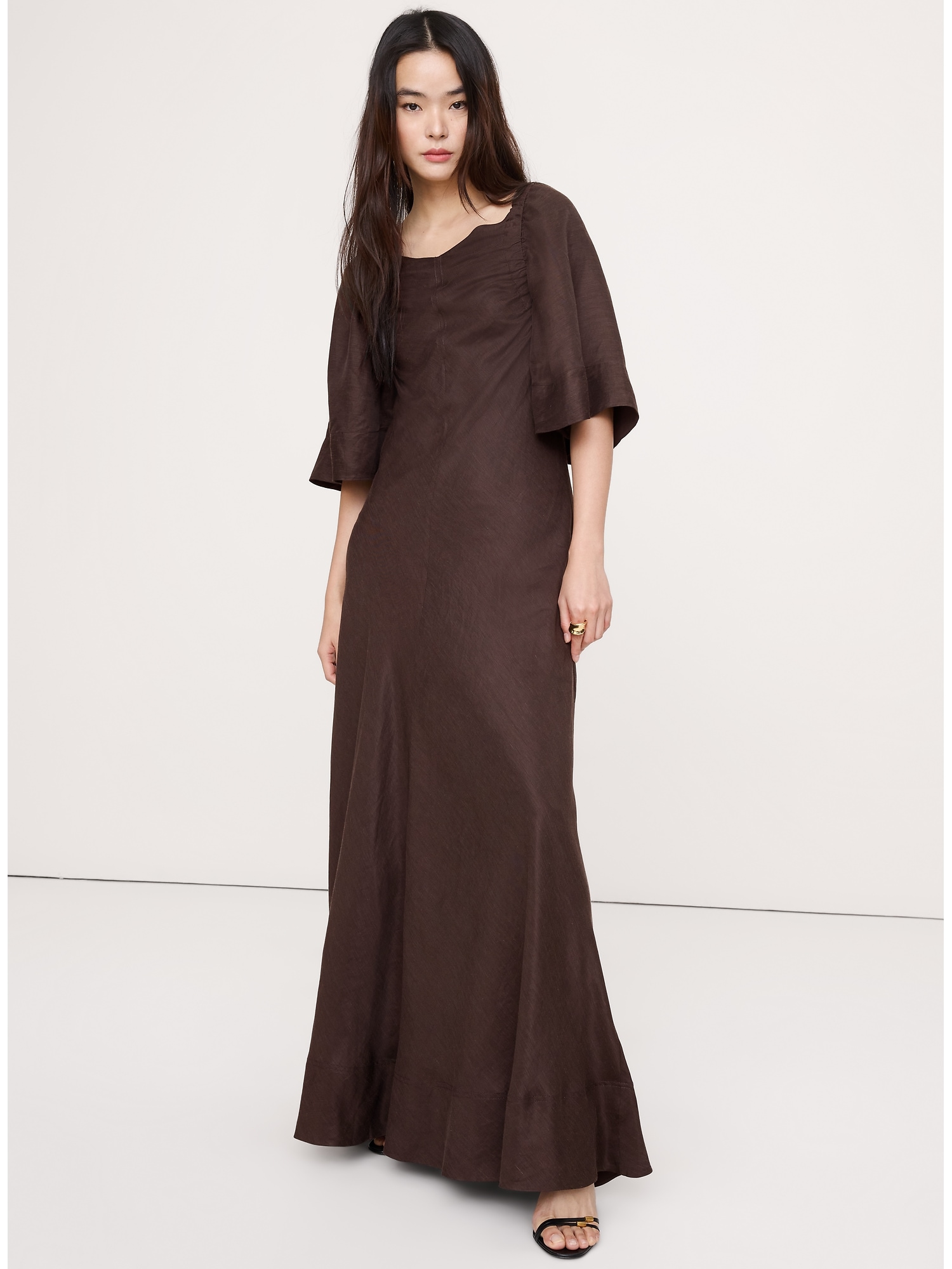 Viscose-Linen Flutter-Sleeve Maxi Dress