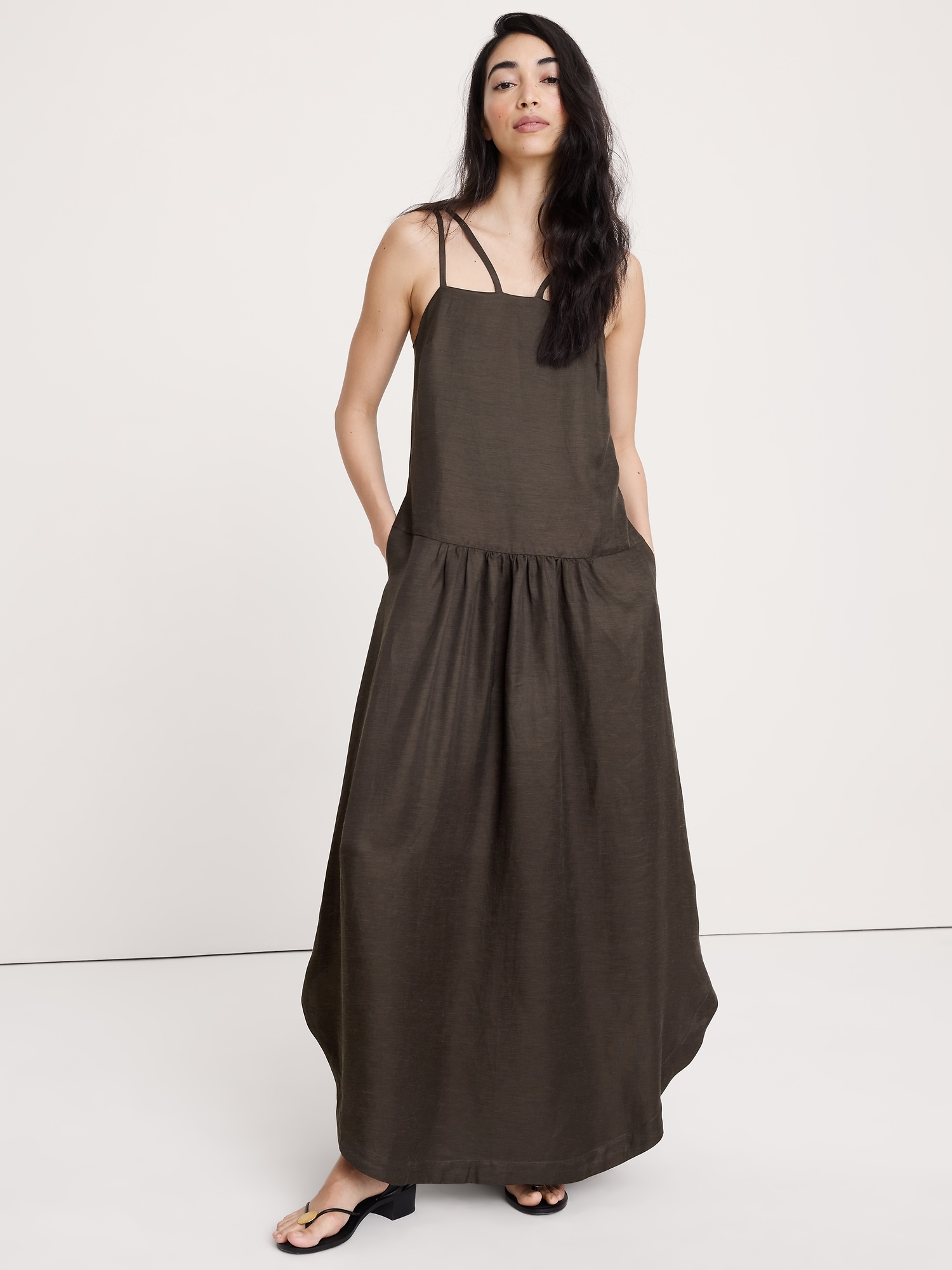 Image number 1 showing, Viscose-Linen Drop-Waist Maxi Dress