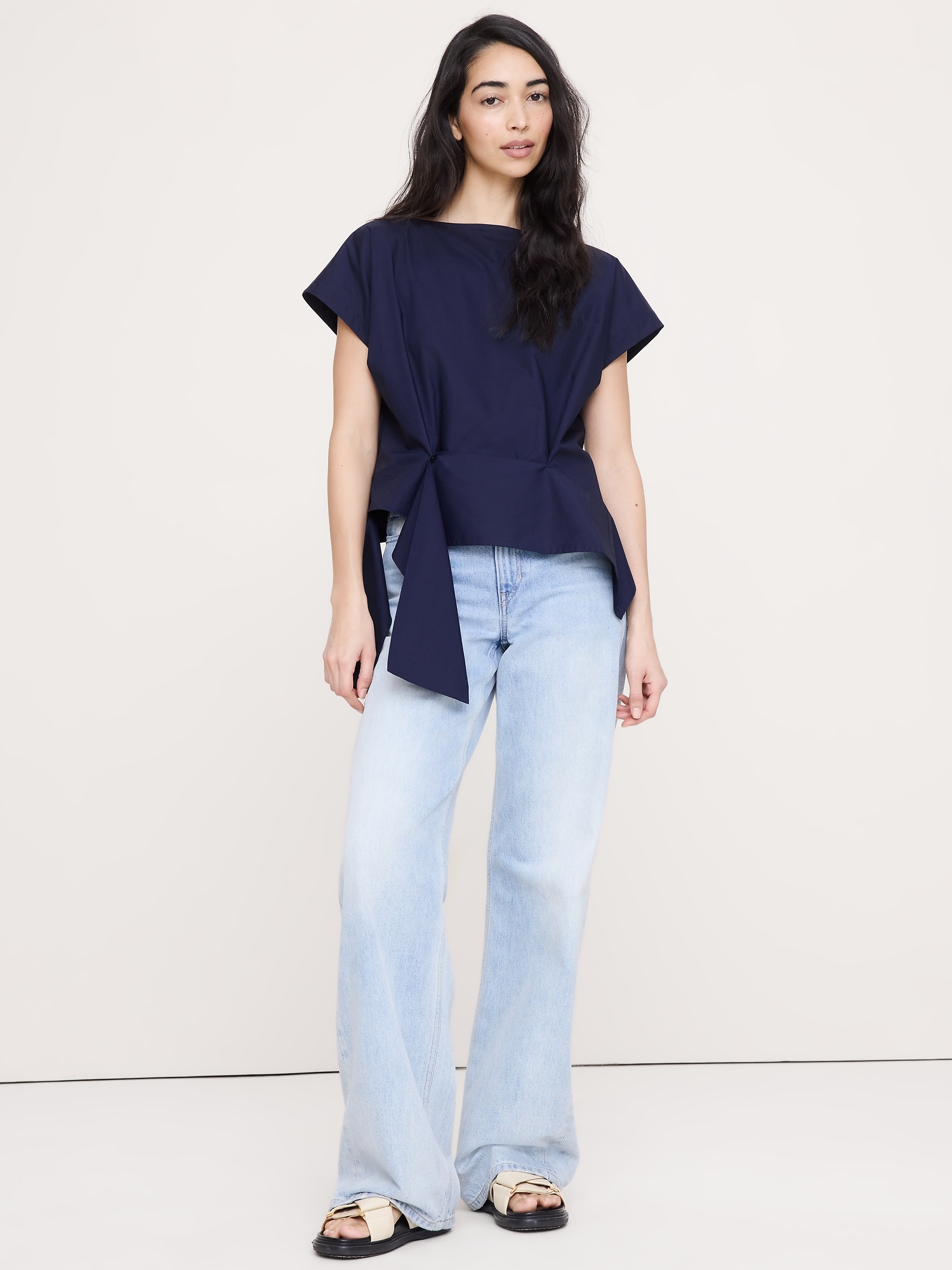 Image number 1 showing, Cotton Poplin Boatneck Asymmetrical Top