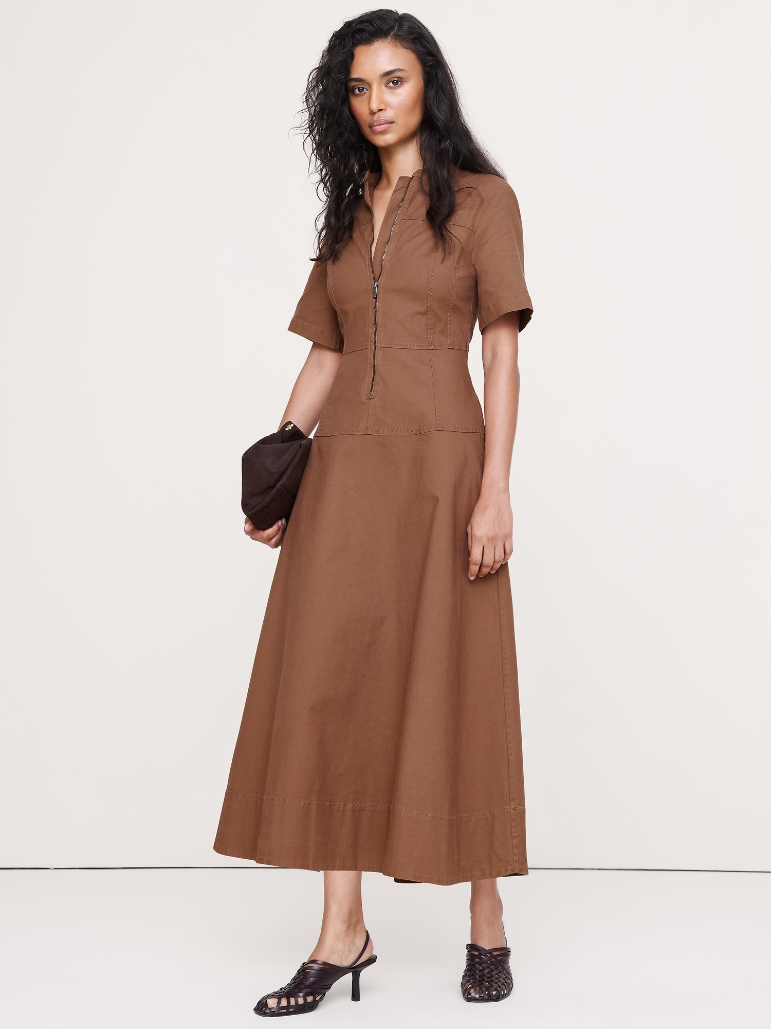 Cotton Canvas Zip-Front Maxi Dress