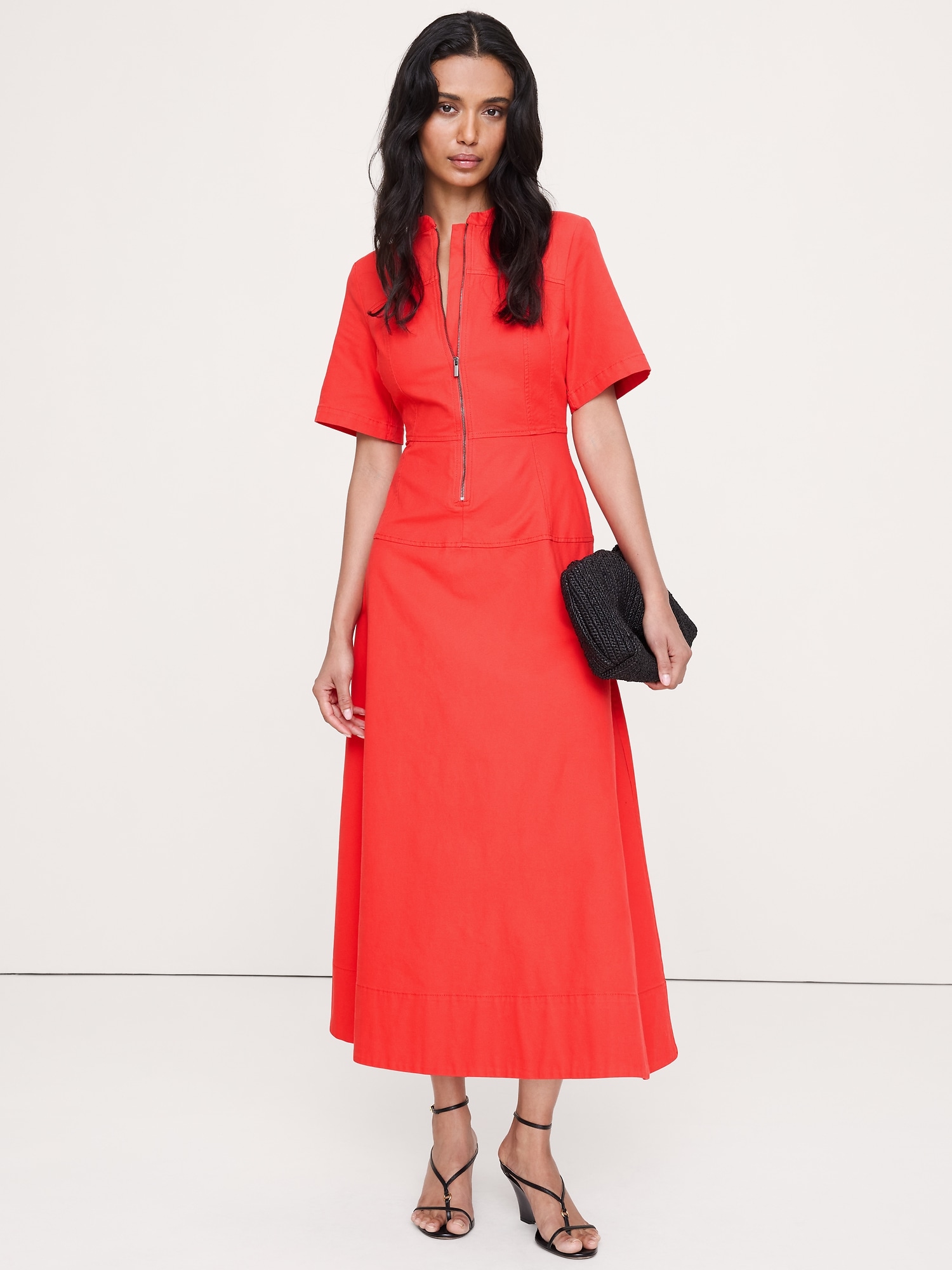Cotton Canvas Zip-Front Maxi Dress