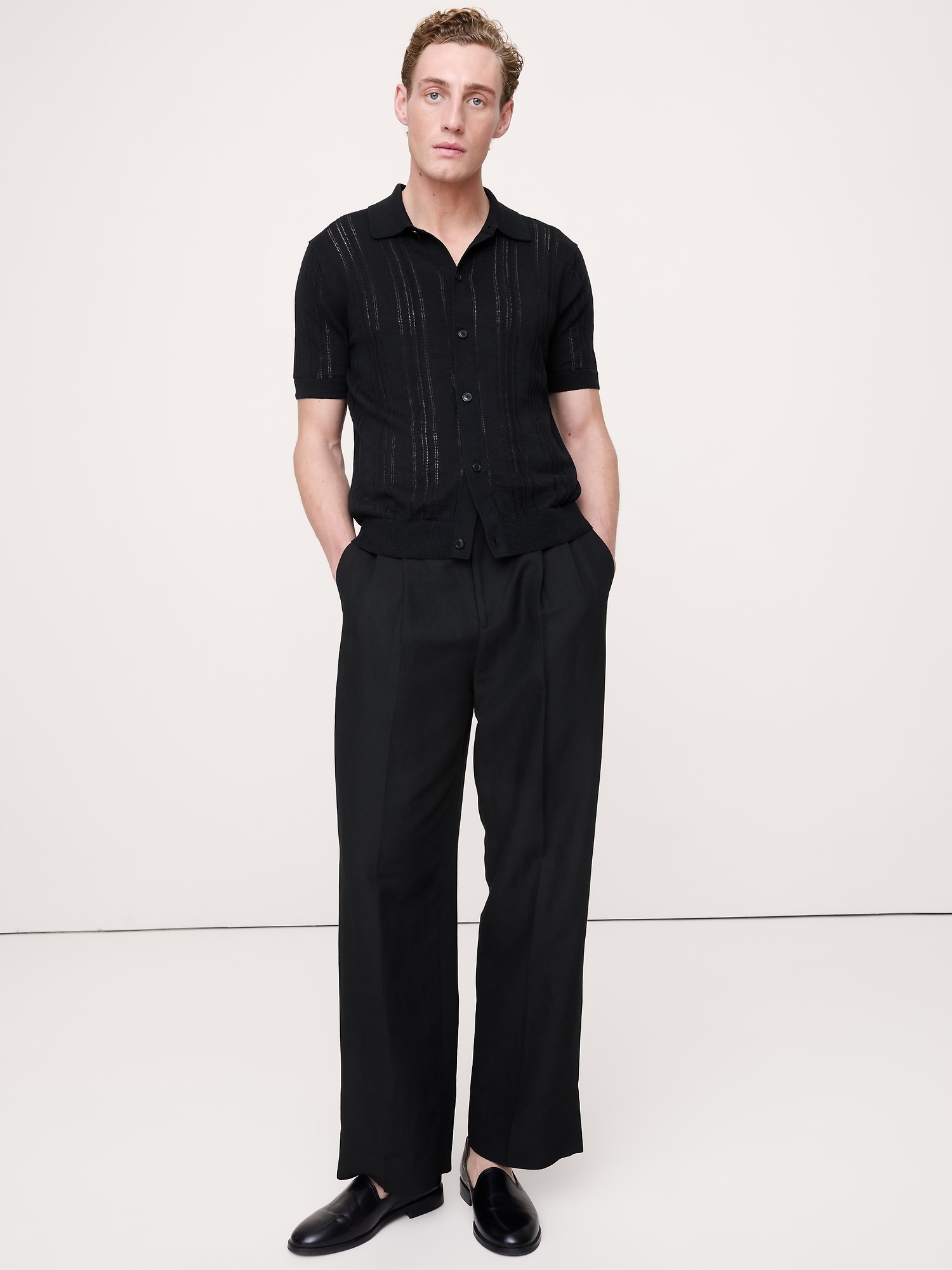 Pointelle Linen-Cotton Polo Cardigan